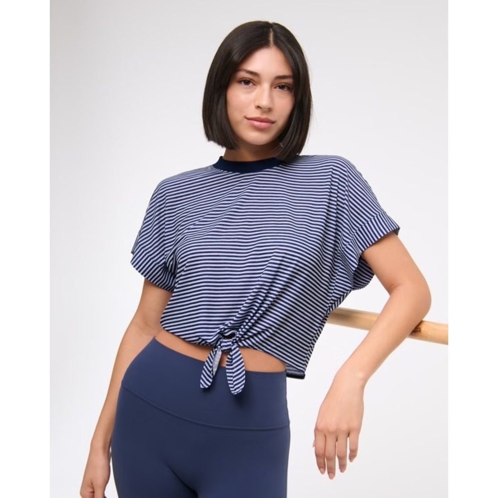 YPB Featherweight Tie-Front Tee Navy Blue Striped Active Crop Top XL